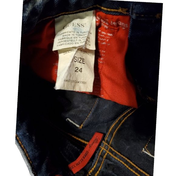 VTG Guess Ladies 24 Lowrise Skinny Straight Leg Blue Distressed Denim Jeans - Picture 4 of 9